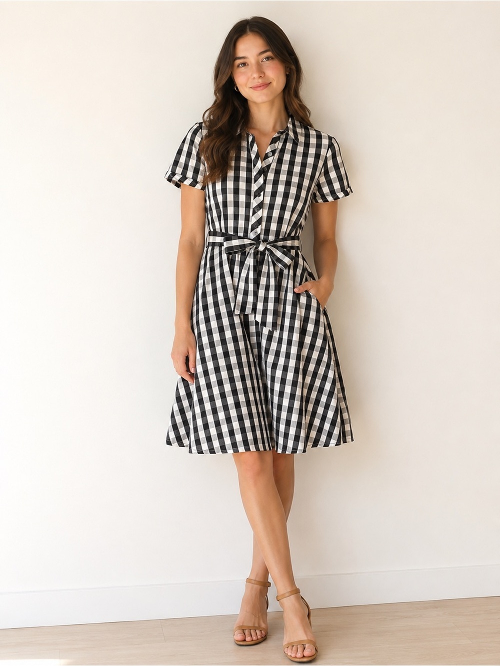 Zolla black and white gingham fit and flare shirt dress